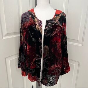 CHICO'S Red Black Floral Patchwork Velvet Burnout Artsy‎ Kimono Jacket SZ 2 Open